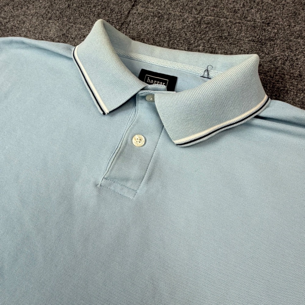 Haggar Cool 18 Performance Wear Mens L Polo Shirt Light Blue Pique Short Sleeve‎